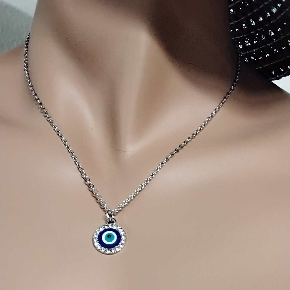 Silvery Toned Evil Eye Pendant charm diamonds Necklace Good Luck and Protection
